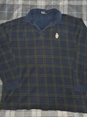 Vintage Polo Ralph Lauren Blackwatch Tartan Plaid Bear Long Sleeve rugby Shirt